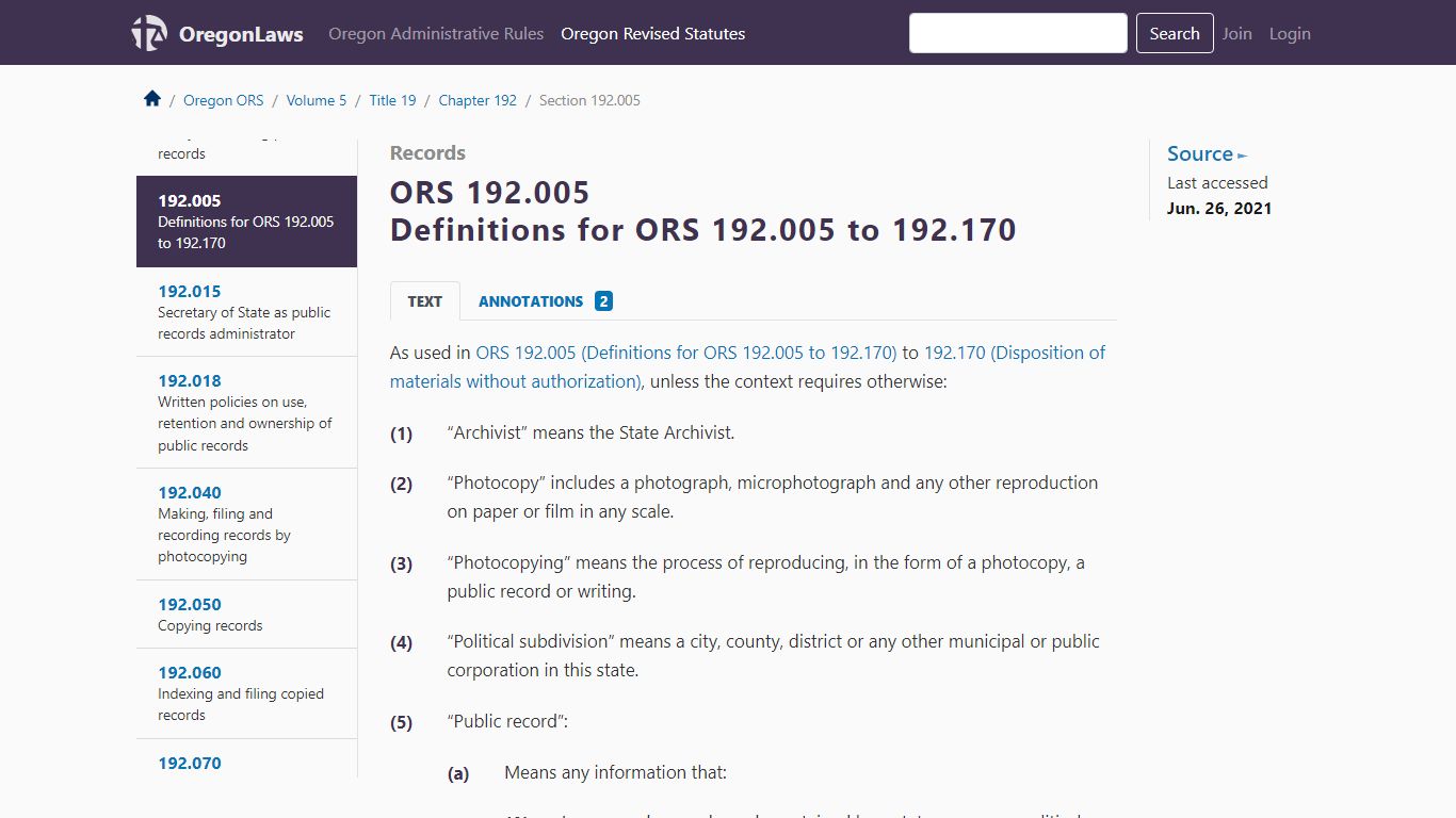 Definitions for ORS 192.005 to 192.170 - oregon.public.law